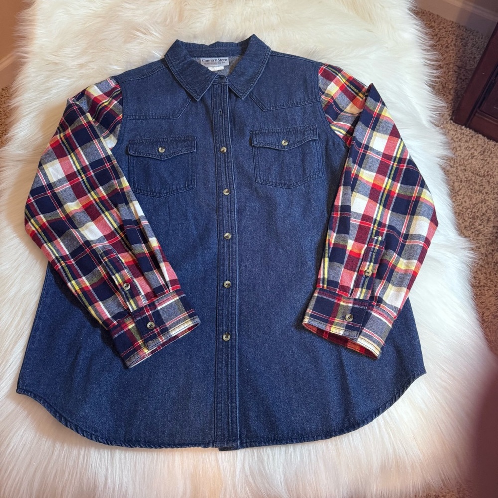 Women’s Country Store Blue Jean Shirt with Flannel Sleeves Medium NEW